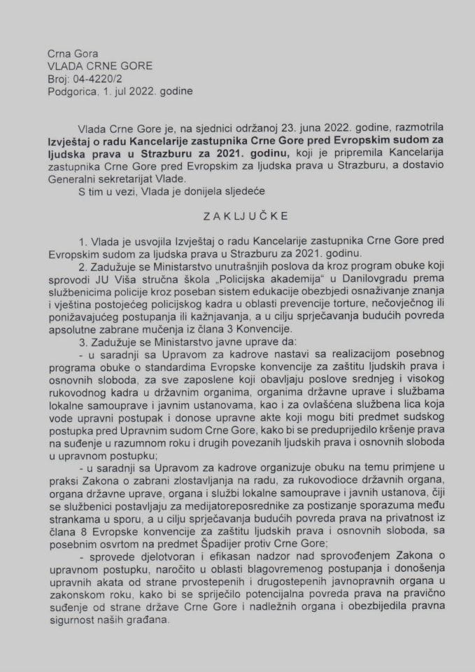Izvještaj o radu Kancelarije zastupnika Crne Gore pred Evropskim sudom za ljudska prava u Strazburu za 2021. godinu - zaključci