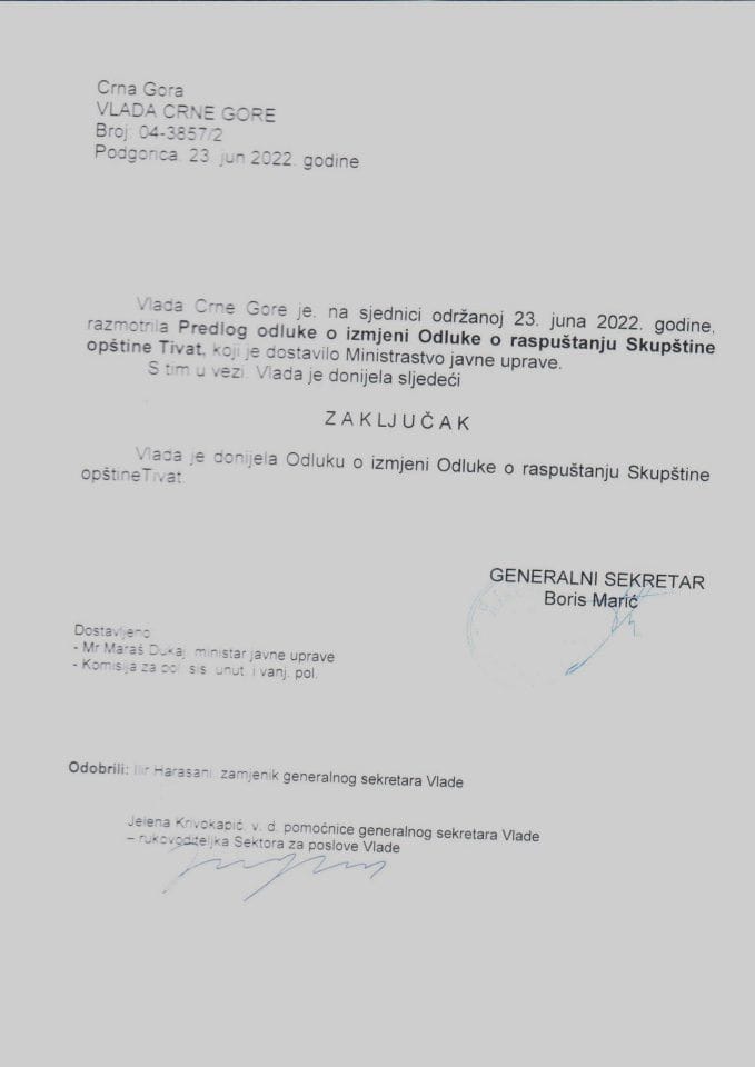 Prijedlog odluke o izmjeni Odluke o raspuštanju Skupštine opštine Tivat - zaključci