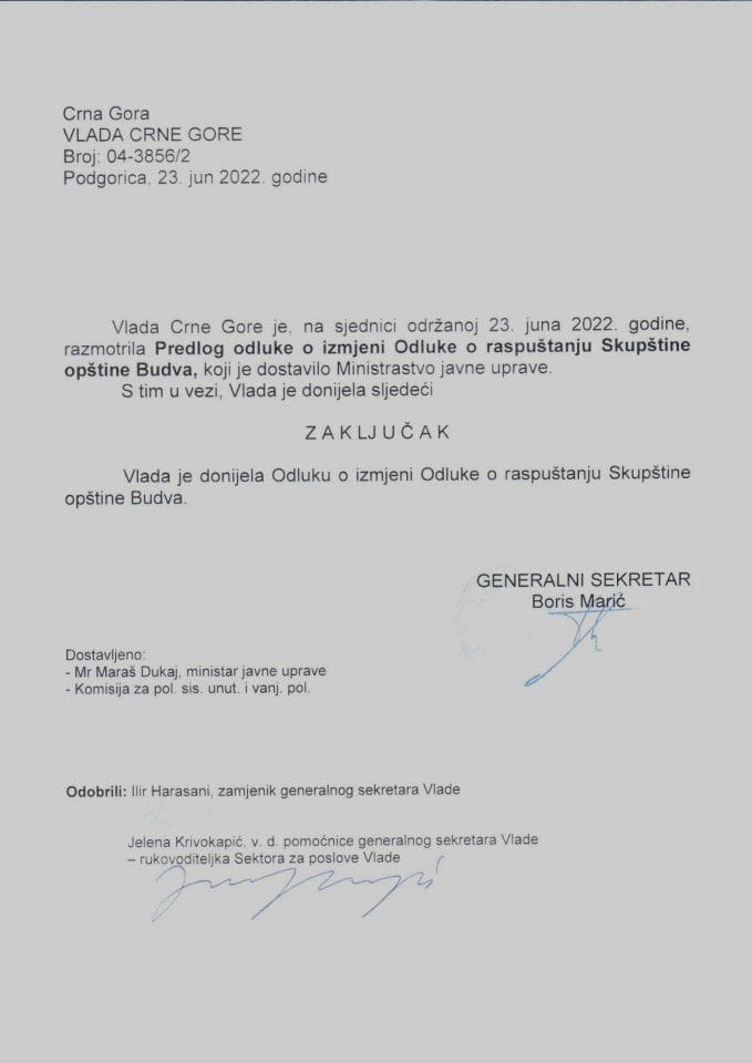 Predlog odluke o izmjeni Odluke o raspuštanju Skupštine opštine Budva - zaključci