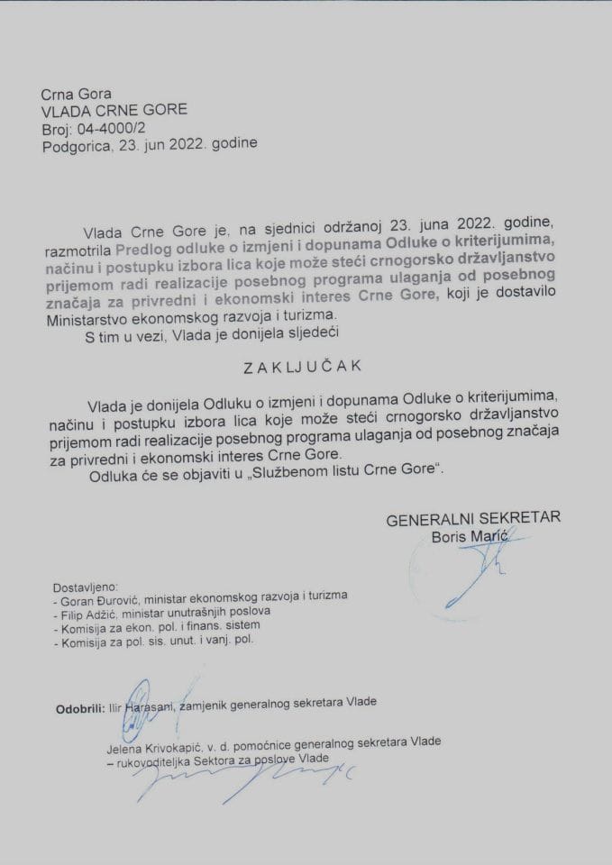 Predlog odluke o izmjenama i dopunama Odluke o kriterijumima, načinu i postupku izbora lica koje može steći crnogorsko državljanstvo prijemom radi realizacije posebnog programa ulaganja od posebnog značaja za privredni i ekonomski interes CG - zaključci