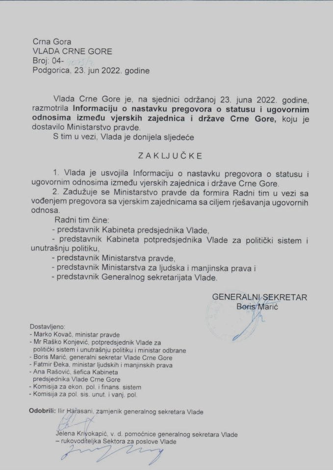 Информација о наставку преговора о статусу и уговорним односима између вјерских заједница и државе Црне Горе - закључци