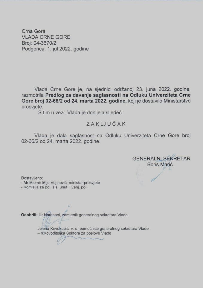 Предлог за давање сагласности на Одлуку Универзитета Црне Горе број 02-66/2 од 24. марта 2022. године - закључци