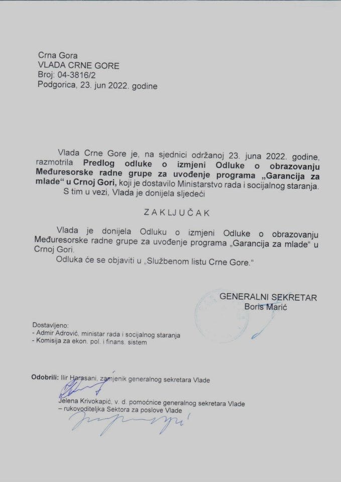 Predlog odluke o izmjenama Odluke o obrazovanju Međuresorske radne grupe za uvođenje programa „Garancija za mlade” u Crnoj Gori (bez rasprave) - zaključci