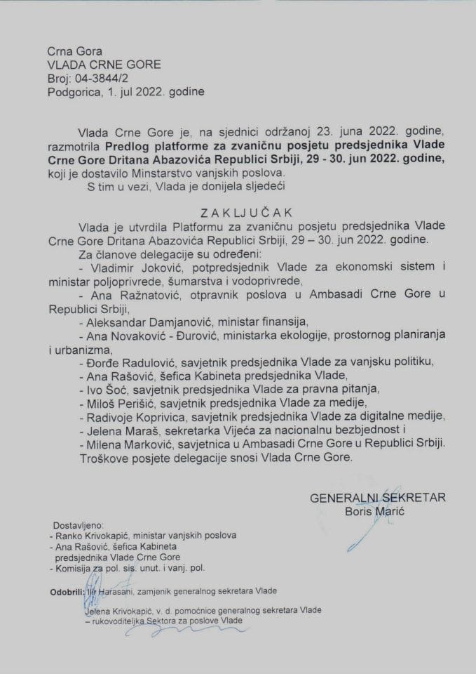Predlog platforme za zvaničnu posjetu predsjednika Vlade Crne Gore Dritana Abazovića Republici Srbiji, 29 - 30. jun 2022. godine (bez rasprave) - zaključci