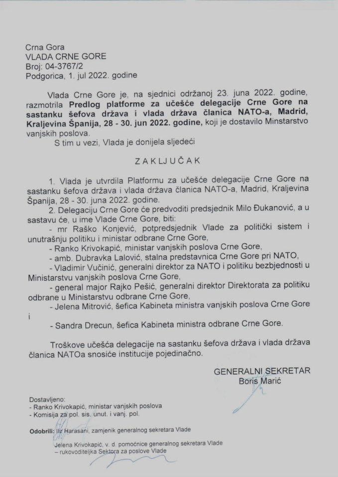 Predlog platforme za učešće delegacije Crne Gore na sastanku šefova država i vlada država članica NATO-a, Madrid, Kraljevina Španija, 28 - 30. jun 2022. godine (bez rasprave) - zaključci