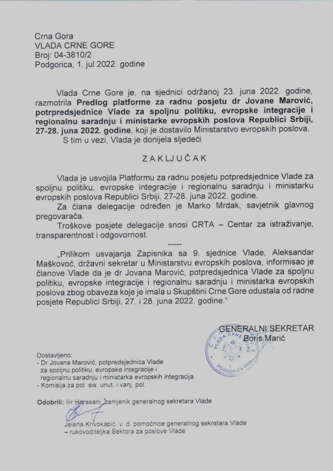 Предлог платформе за радну посјету потрпредсједнице Владе за спољну политику, европске интеграције и регионалну сарадњу и министарке европских послова Републици Србији, 27-28. јуна 2022. (без расправе) - закључци