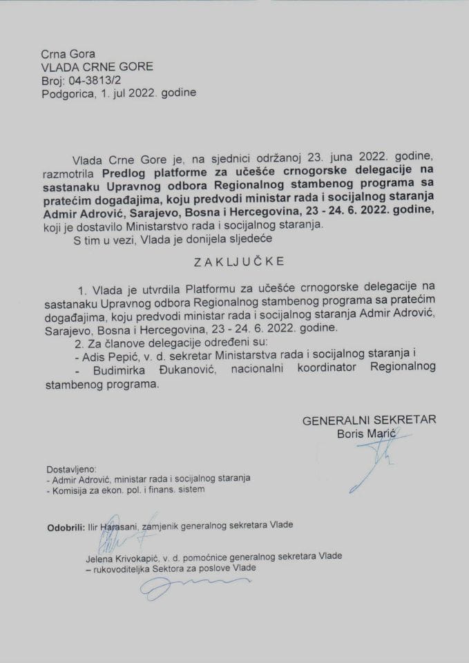 Predlog platforme za učešće crnogorske delegacije na sastanaku Upravnog odbora regionalnog stambenog programa sa pratećim događajima, koju predvodi ministar rada i socijalnog staranja Admir Adrović, Sarajevo, Bosna i Hercegovina - zaključci