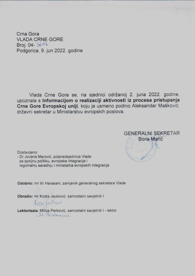 Усмена информација о реализацији активности из процеса приступања Црне Горе Европској унији - закључци