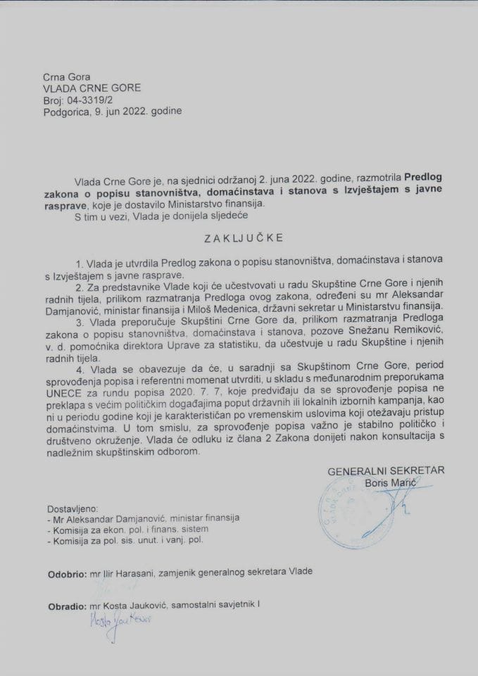 Предлог закона о попису становништва, домаћинстава и станова са Извјештајем са јавне расправе - закључци