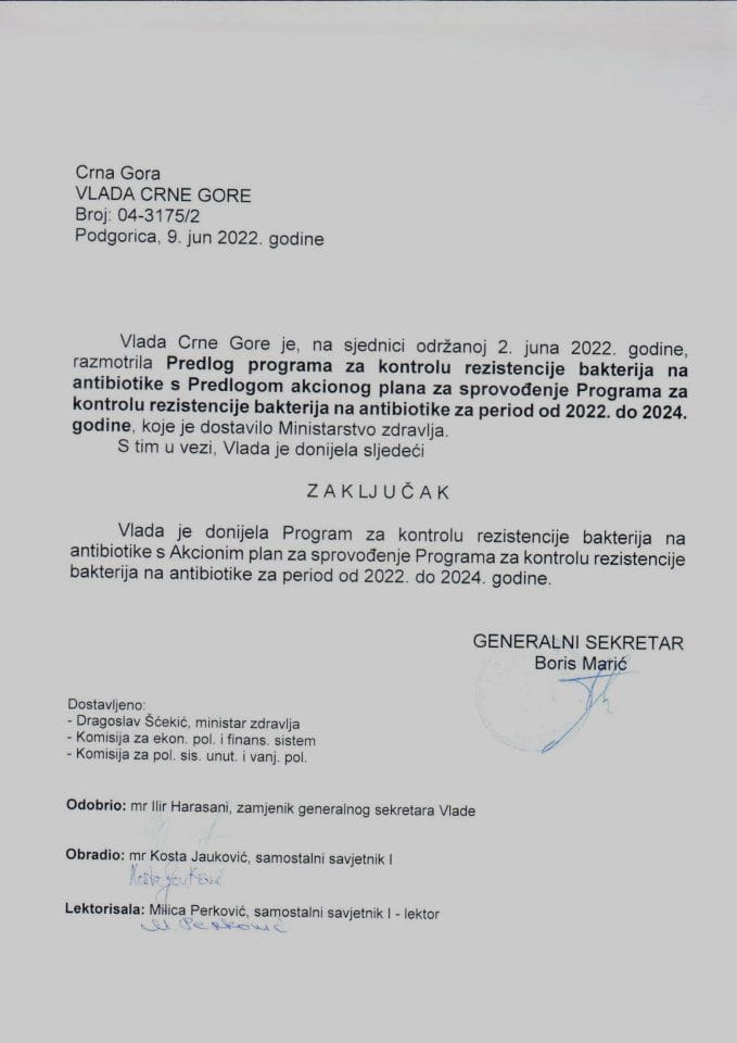 Predlog programa za kontrolu rezistencije bakterija na antibiotike s Predlogom akcionog plana za sprovođenje Programa za kontrolu rezistencije bakterija na antibiotike za period od 2022. do 2024. godine - zaključci