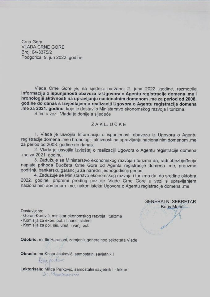 Informacija o ispunjenosti obaveza iz Ugovora o Agentu registracije domena .me i hronologiji aktivnosti na upravljanju nacionalnim domenom .me za period od 2008. godine do danas sa Izvještajem o realizaciji Ugovora - zaključci