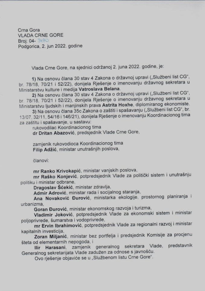 Kadrovska pitanja sa 6. sjednice Vlade Crne Gore - zaključci