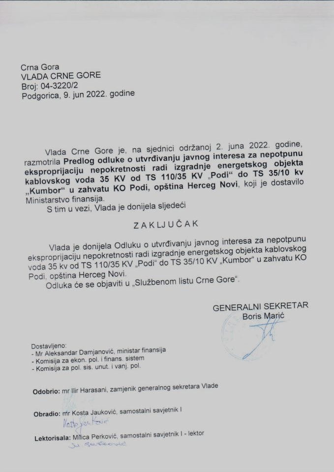 Predlog odluke o utvrđivanju javnog interesa za nepotpunu eksproprijaciju nepokretnosti radi izgradnje energetskog objekta kablovskog voda 35 KV od TS 110/35 KV „Podi“ do TS 35/10 KV „Kumbor“ - zaključci