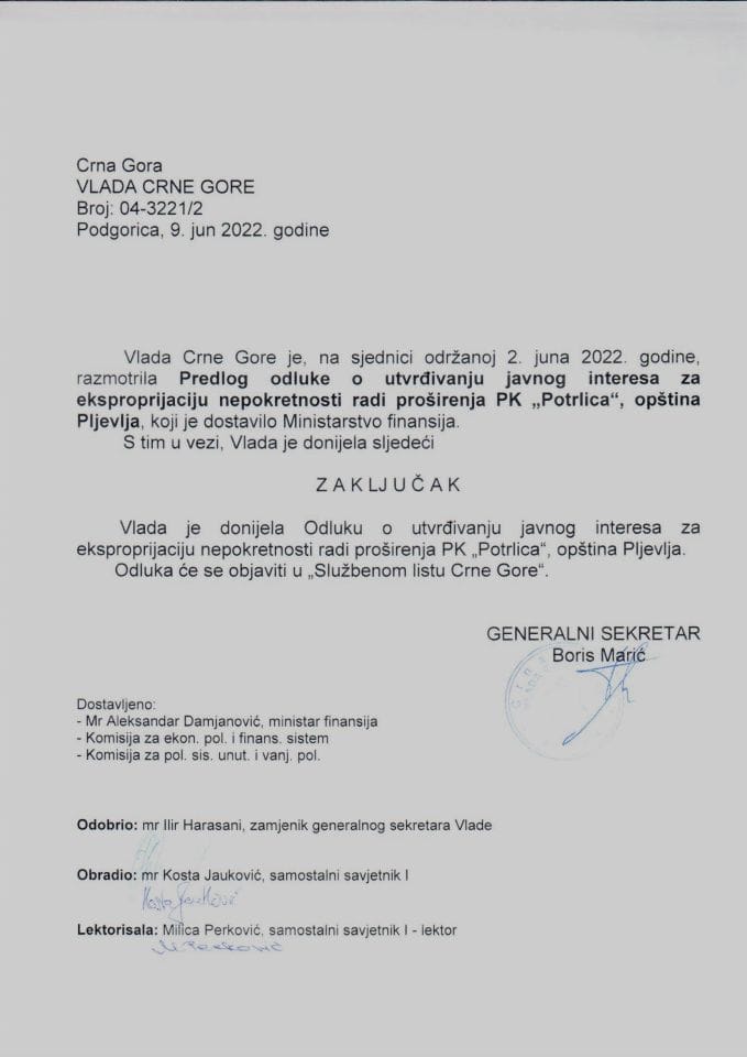 Predlog odluke o utvrđivanju javnog interesa za eksproprijaciju nepokretnosti radi proširenja PK „Potrlica“, opština Pljevlja - zaključci