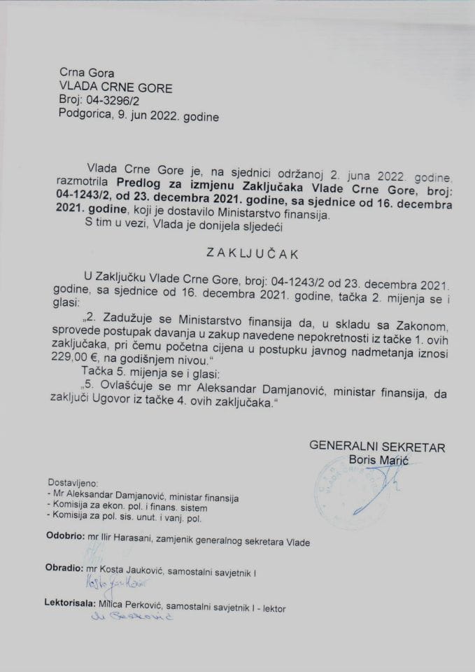 Предлог за измјену Закључака Владе Црне Горе, број: 04-1243/2, од 23. децембра 2021. године, са сједнице од 16. децембра 2021. године (без расправе) - закључци