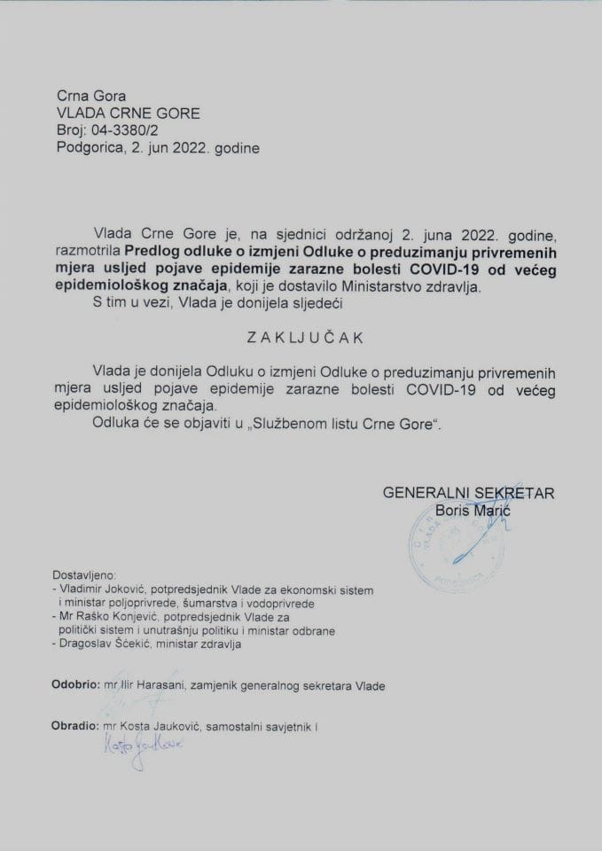 Предлог одлуке о измјени Одлуке о предузимању привремених мјера усљед појаве епидемије заразне болести COVID-19 од већег епидемиолошког значаја - закључци