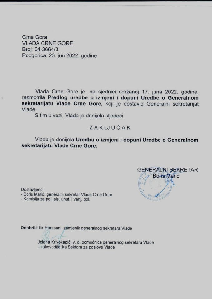 Предлог уредбе о измјени и допуни Уредбе о Генералном секретаријату Владе Црне Горе - закључци