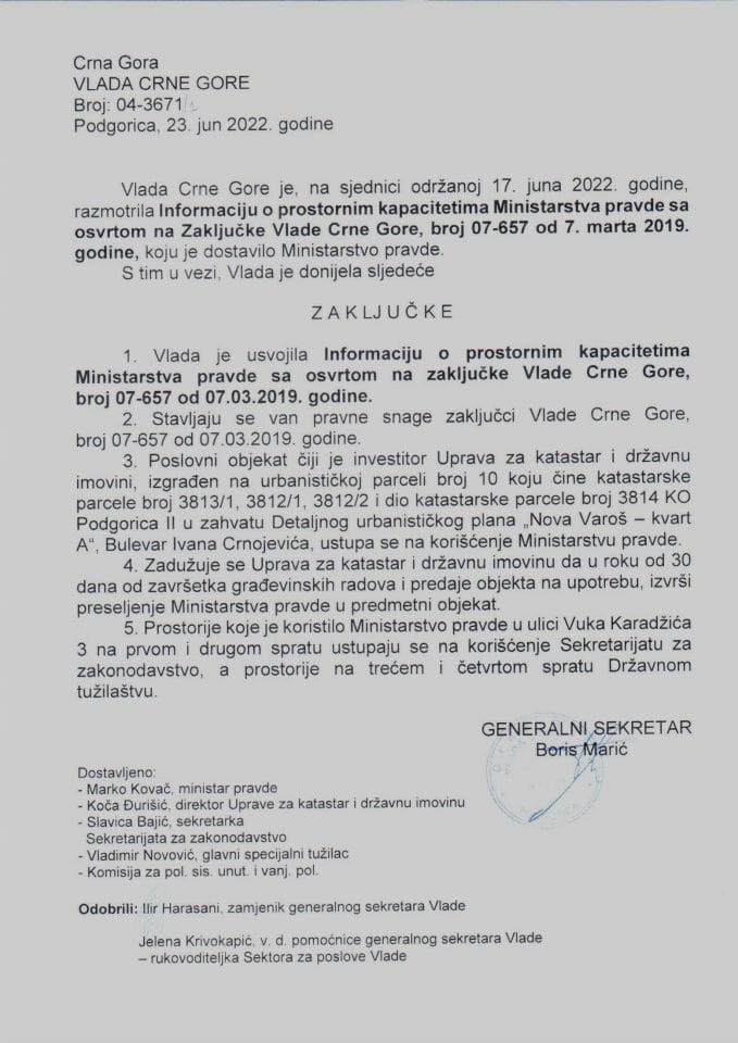 Informacija o prostornim kapacitetima Ministarstva pravde sa osvrtom na Zaključke Vlade Crne Gore, broj 07- 657 od 7. marta 2019. godine - zaključci