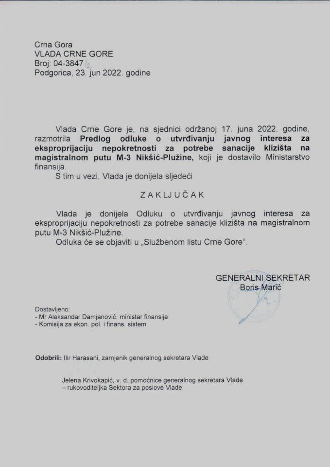 Predlog odluke o utvrđivanju javnog interesa za eksproprijaciju nepokretnosti za potrebe sanacije klizišta na magistralnom putu M-3 Nikšić-Plužine (bez rasprave) - zaključci