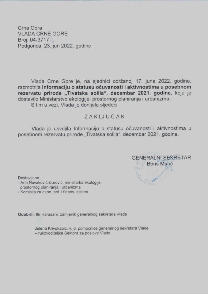 Informacija o statusu očuvanosti i aktivnostima u posebnom rezervatu prirode „Tivatska solila“, decembar 2021. godine (bez rasprave) - zaključci