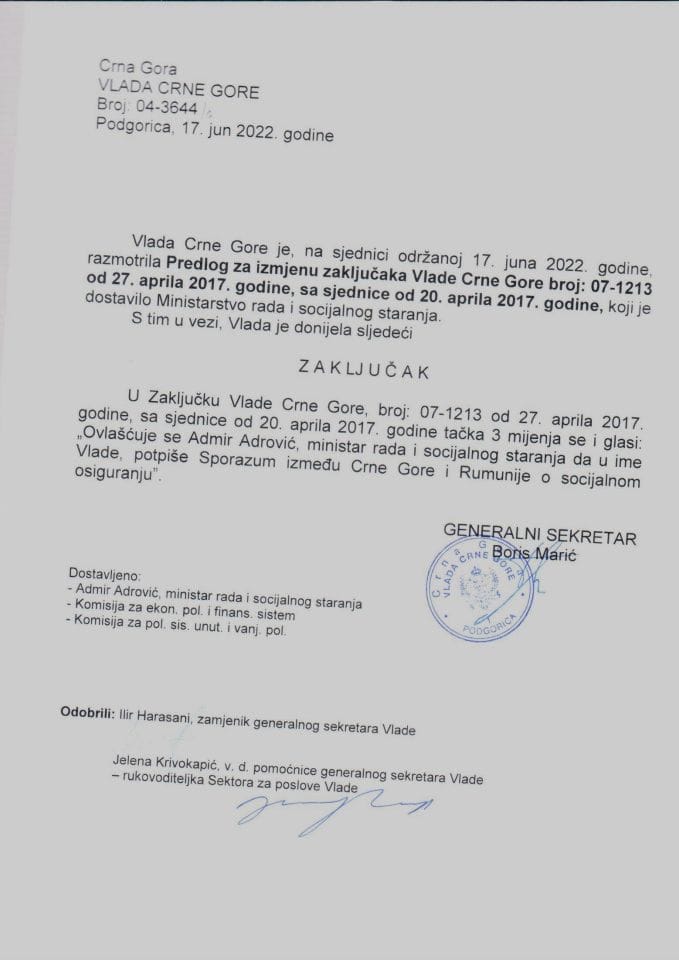 Предлог за измјену закључака Владе Црне Горе број: 07-1213 од 27. априла 2017. године, са сједнице од 20. априла 2017. године (без расправе) - закључци