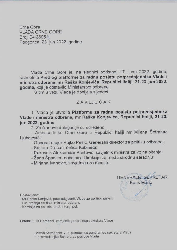 Предлог платформе за званичну посјету потпредсједника Владе и министра одбране, мр Рашка Коњевића Републици Италији, 21 - 23. јун 2022. године (без расправе) - закључци