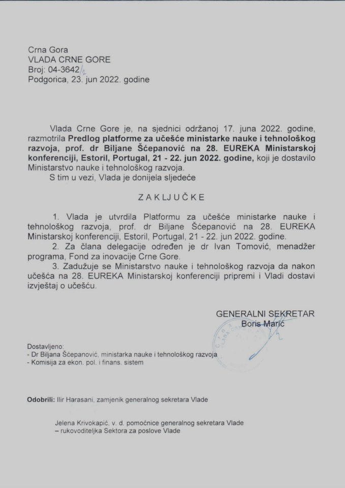 Предлог платформе за учешће министарке науке, проф. др Биљане Шћепановић на 28. ЕУРЕКА Министарској конференцији, Есторил, Португал, 21-22. јуни 2022. године (без расправе) - закључци