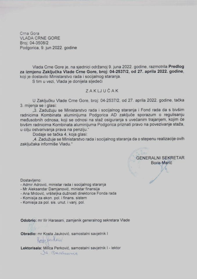 Predlog za izmjenu i dopunu Zaključaka Vlade Crne Gore, broj: 04-2537/2, od 27. aprila 2022. godine - zaključci