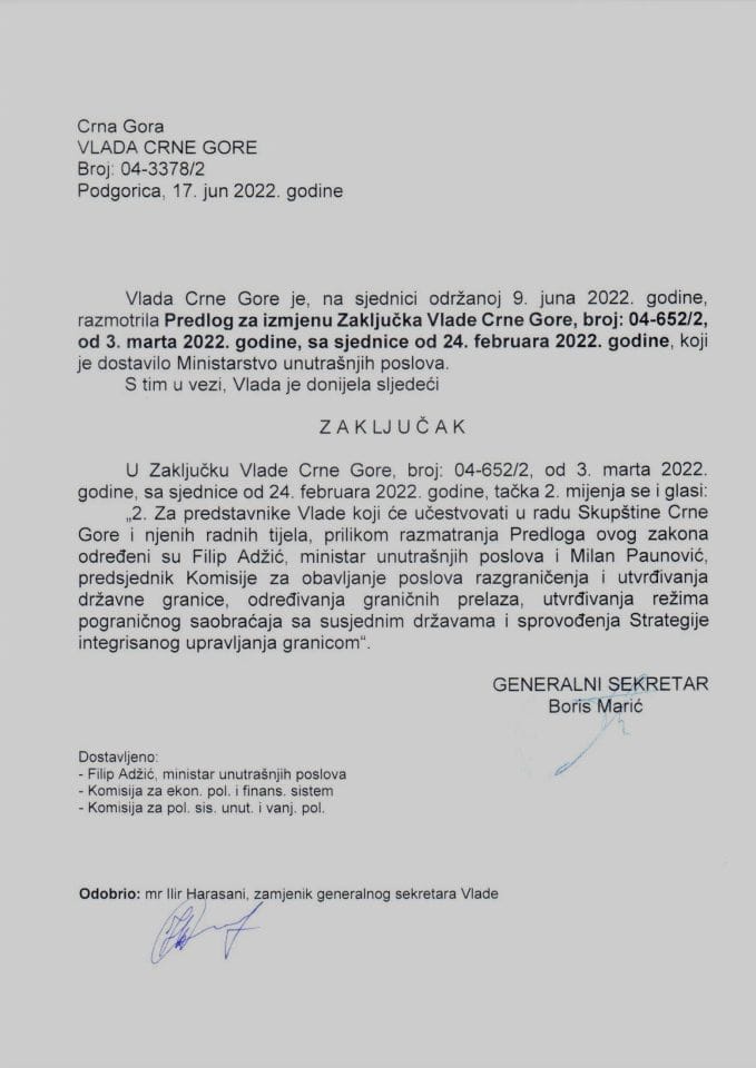 Предлог за измјену Закључка Владе Црне Горе, број: 04-652/2, од 3. марта 2022. године, са сједнице од 24. фебруара 2022. године (без расправе) - закључци
