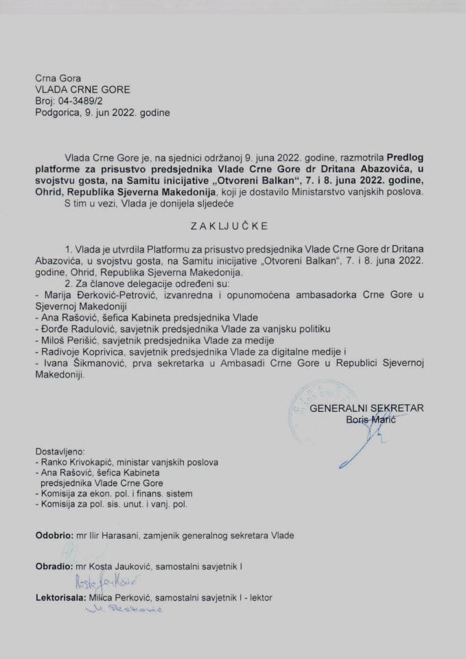 Predlog platforme za prisustvo predsjednika Vlade Crne Gore dr Dritana Abazovića u svojstvu gosta na Samitu inicijative „Otvoreni Balkan“, 7. i 8. juna 2022. godine, Ohrid, Republika Sjeverna Makedonija - zaključci