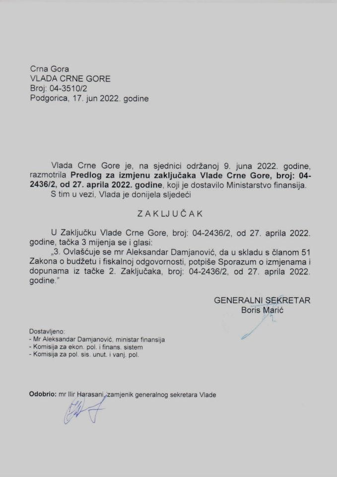 Предлог за измјену закључака Владе Црне Горе, број: 04-2436/2, од 27. априла 2022. године (без расправе) - закључци