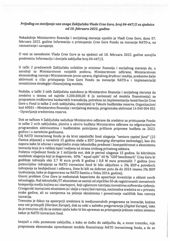 Предлог за стављање ван снаге Закључака Владе Црне Горе, број: 04-447/2, од 17. фебруара 2022. године, са сједнице од 10. фебруара 2022. године