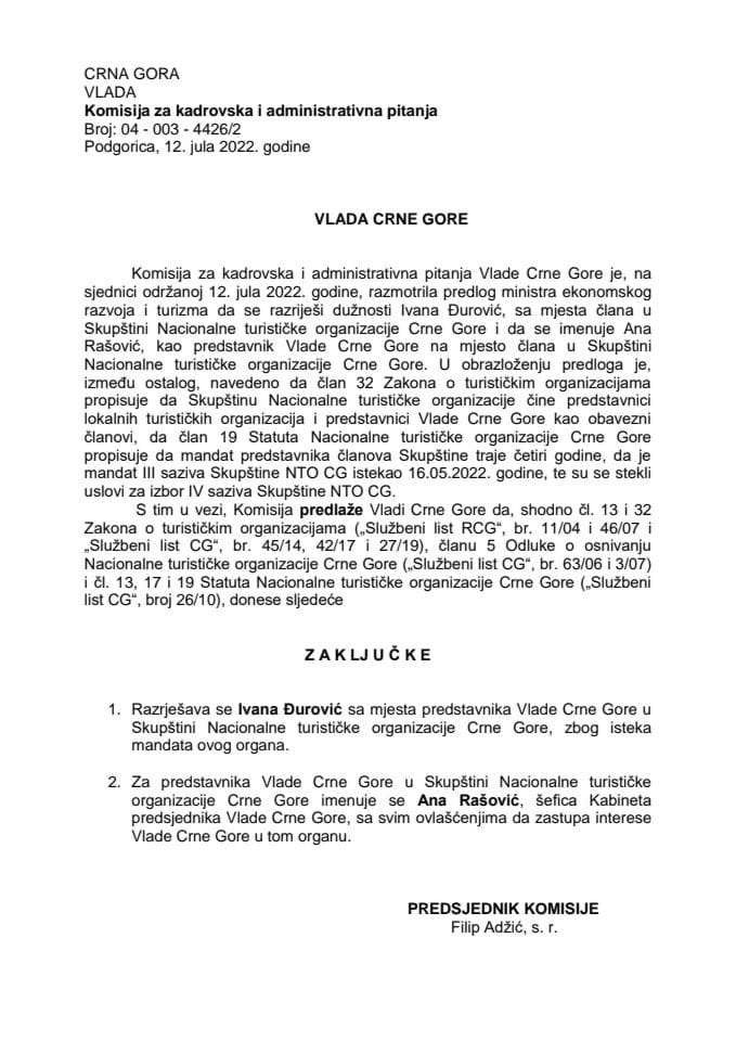 Predlog za razrješenje i imenovanje predstavnika Vlade Crne Gore u Skupštini Nacionalne turističke organizacije Crne Gore