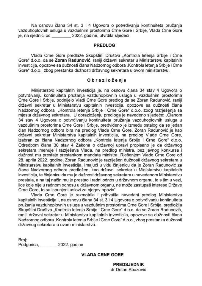 Predlog za razrješenje člana Nadzornog odbora Kontrole letenja Srbije i Crne Gore Smatsa doo Beograd