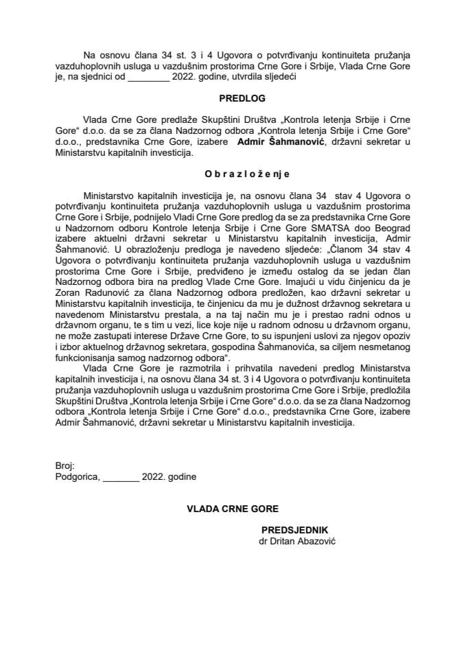 Predlog za imenovanje člana Nadzornog odbora Kontrole letenja Srbije i Crne Gore Smatsa doo Beograd