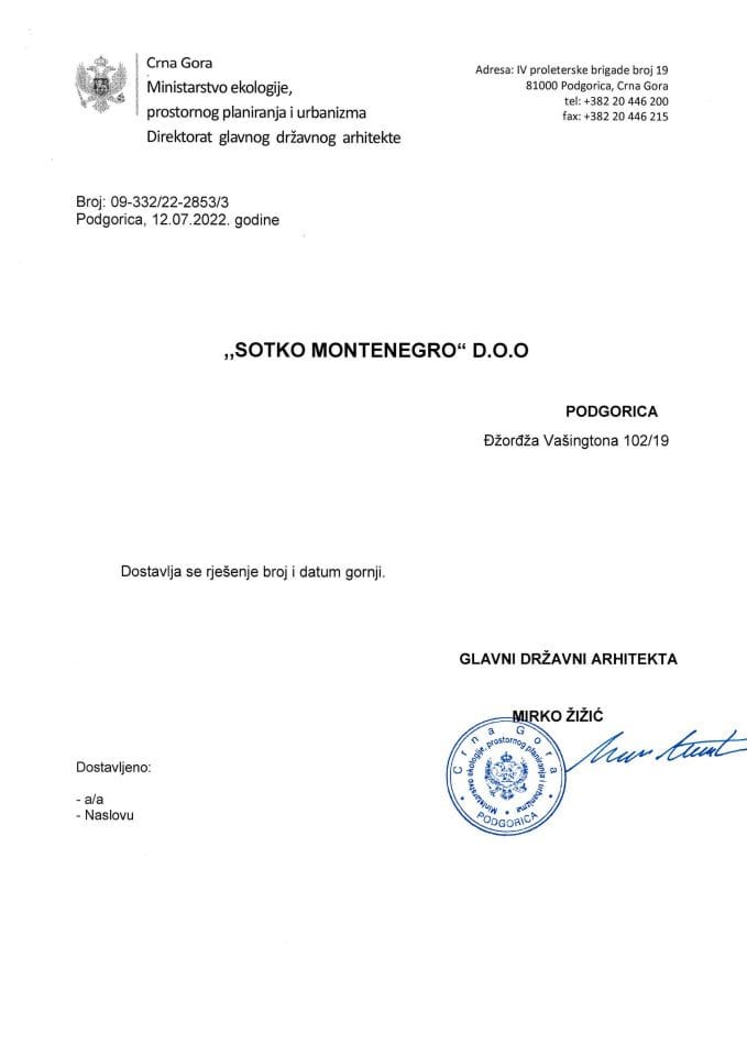 12.07.2022. - Rješenje - SOTKO MONTENEGRO D.O.O Tivat - Opština Tivat