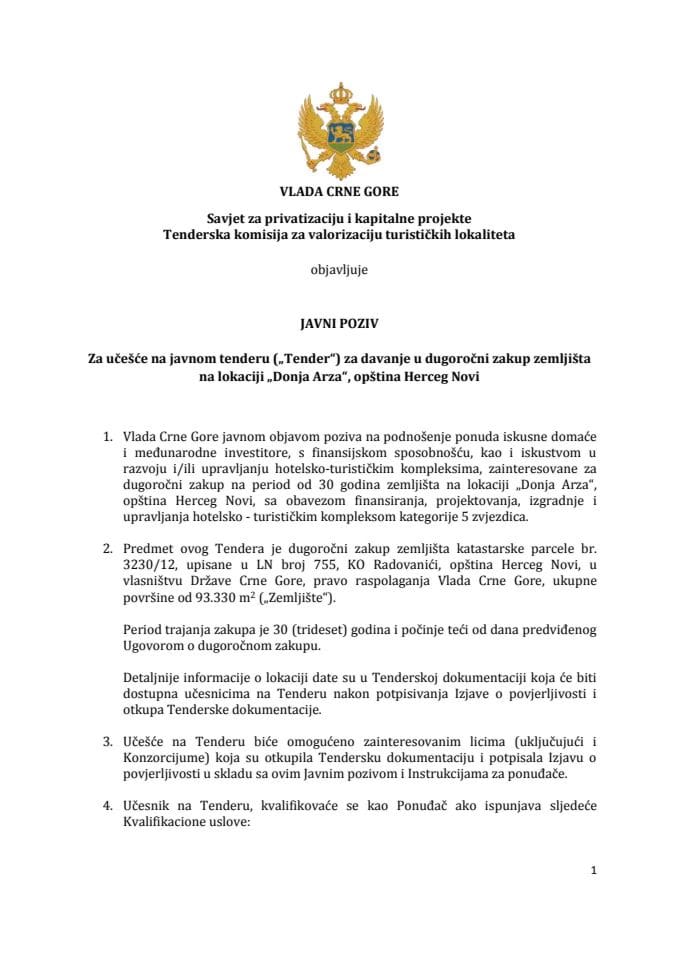 ЈАВНИ ПОЗИВ за учешће на јавном тендеру („Тендер“) за давање у дугорочни закуп земљишта на локацији „Доња Арза“, општина Херцег Нови