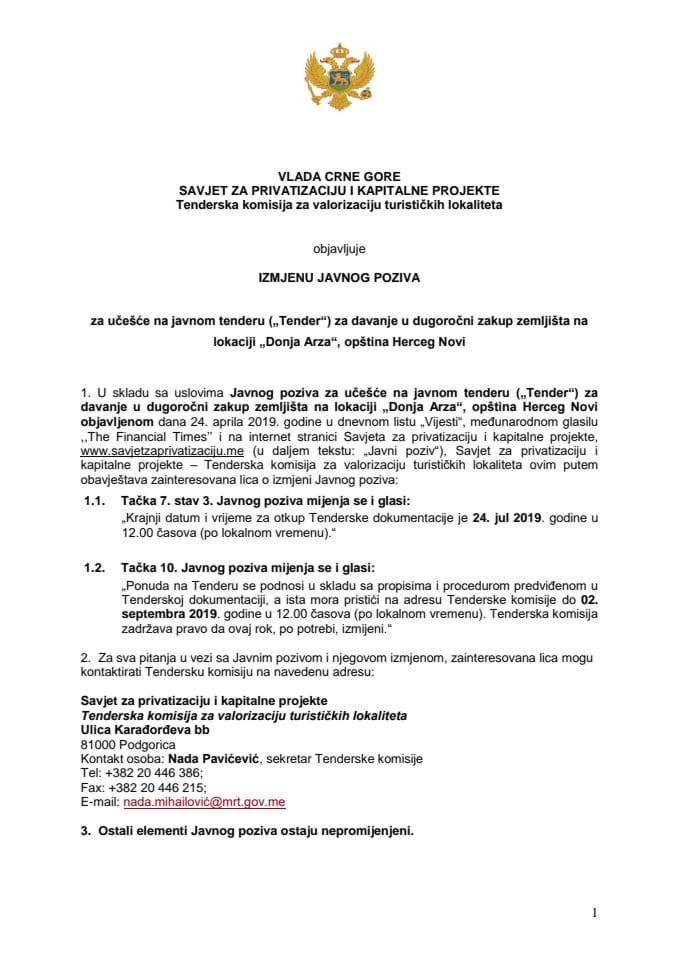 Izmjena javnog poziva za učešće na javnom tenderu za davanje u dugoročni zakup zemljišta na lokaciji „Donja Arza“, opština Herceg Novi