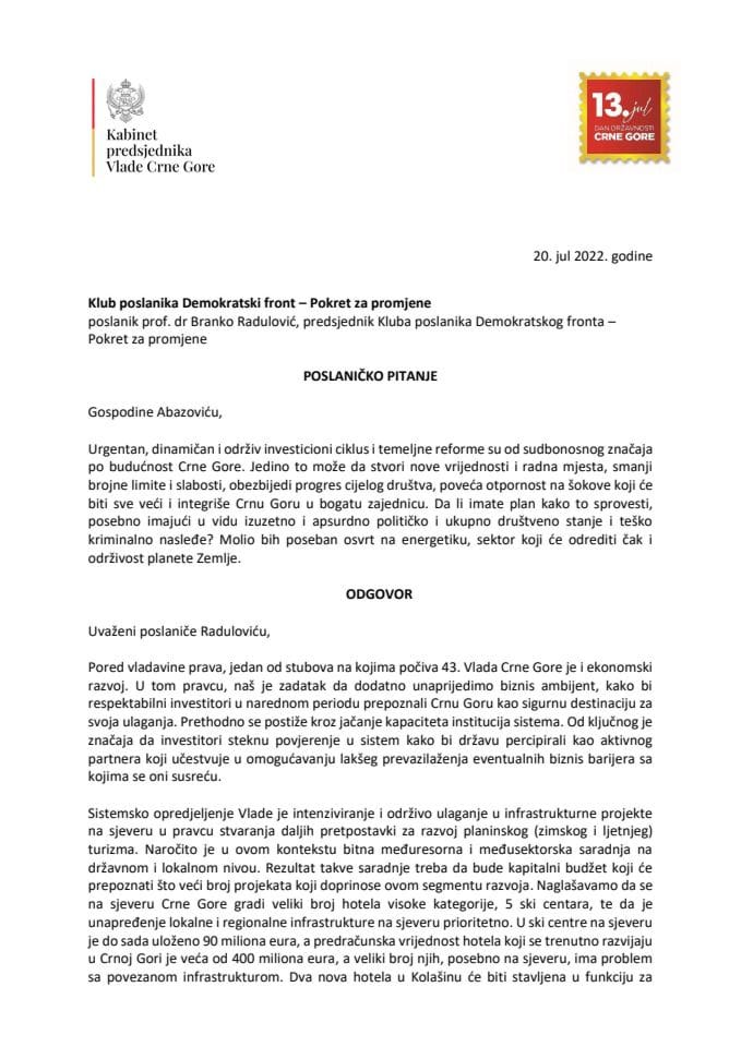 Писани одговор предсједника Владе др Дритана Абазовића на посланичко питање Бранка Радуловића