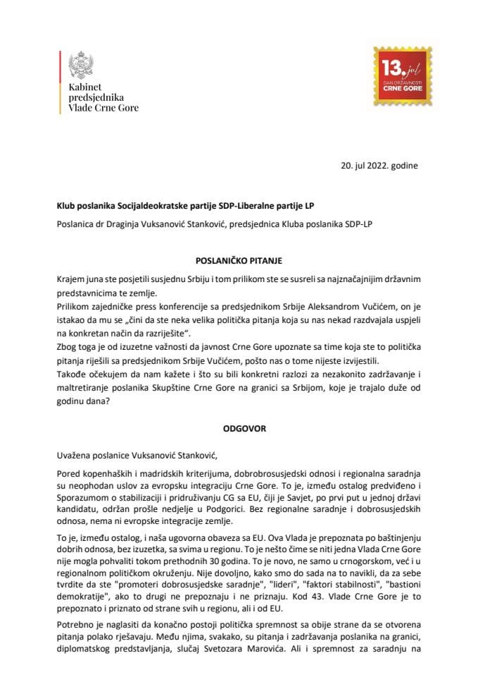 Pisani odgovor predsjednika Vlade dr Dritana Abazovića na poslaničko pitanje dr Draginje Vuksanović Stanković