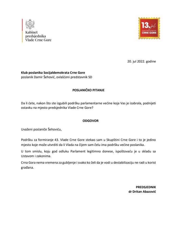 Pisani odgovor predsjednika Vlade dr Dritana Abazovića na poslaničko pitanje Damira Šehovića
