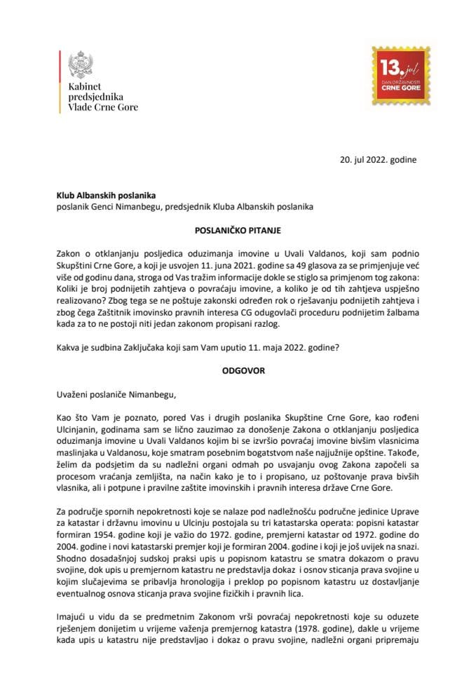 Pisani odgovor predsjednika Vlade dr Dritana Abazovića na poslaničko pitanje Gencia Nimanbegua