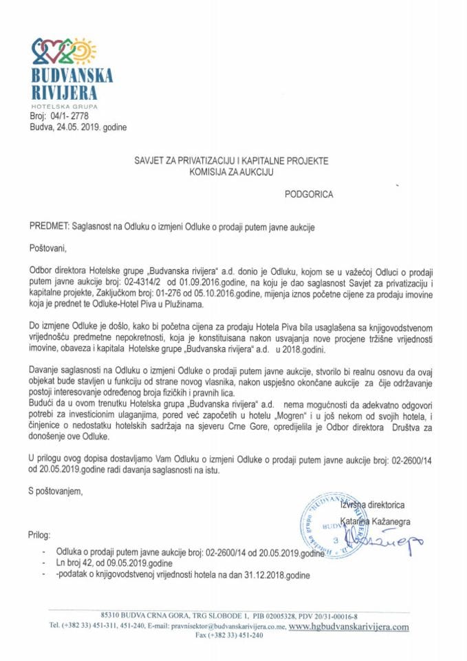 Zahtjev HG “Budvanska rivijera” AD – Budva za davanje saglasnosti na Odluku o izmjeni Odluke o prodaji putem javne aukcije
