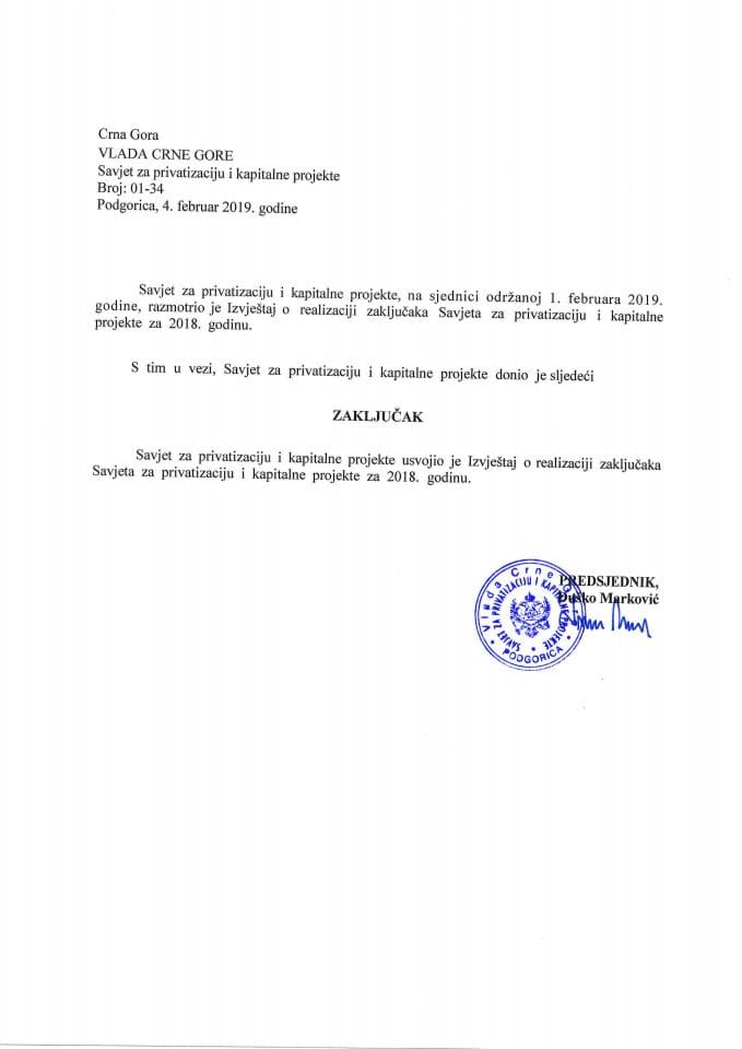 Izvještaj o realizaciji zaključaka Savjeta za privatizaciju i kapitalne projekte za 2018. godinu - zaključci