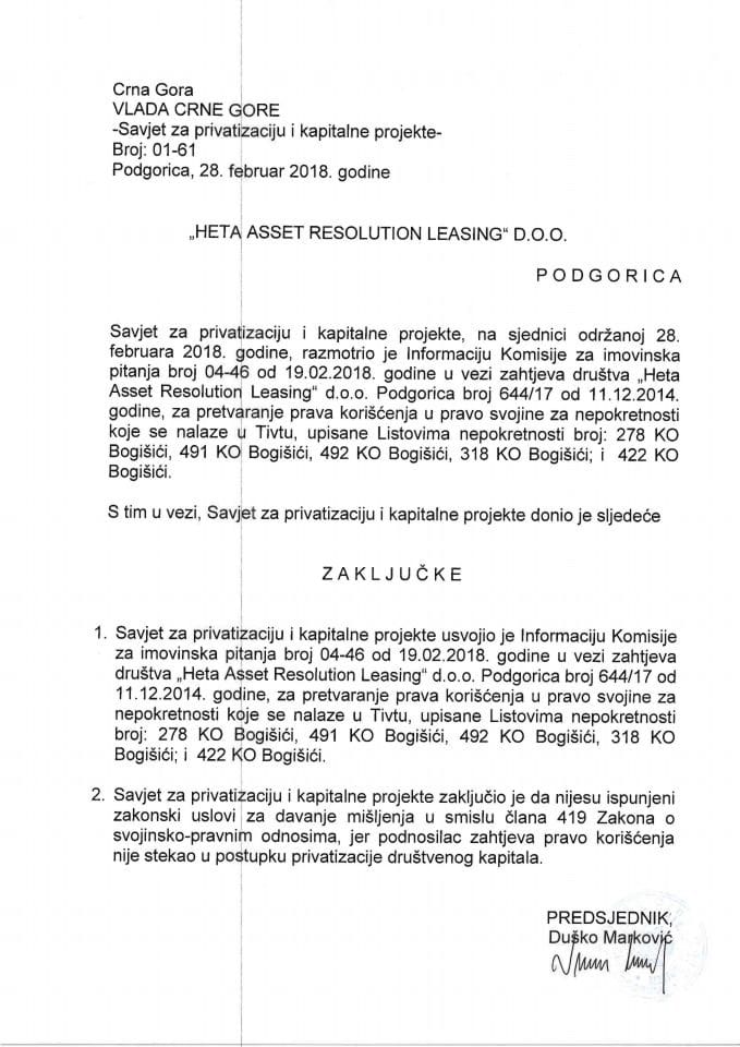 „Heta Asset Resolution Leasing“ doo Podgorica - zaključci