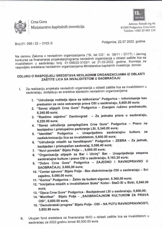 Одлука о расподјели средстава НВО из области заштите лица са инвалидитетом у саобраћају