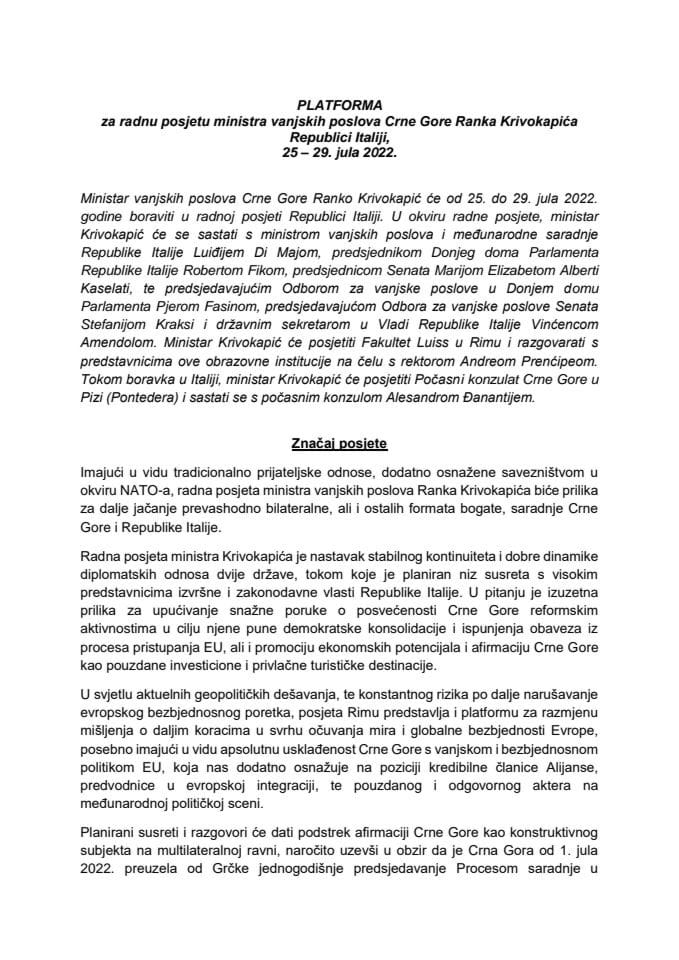 Предлог платформе за радну посјету министра вањских послова Црне Горе Ранка Кривокапића Републици Италији, 25 – 29. јула 2022. године