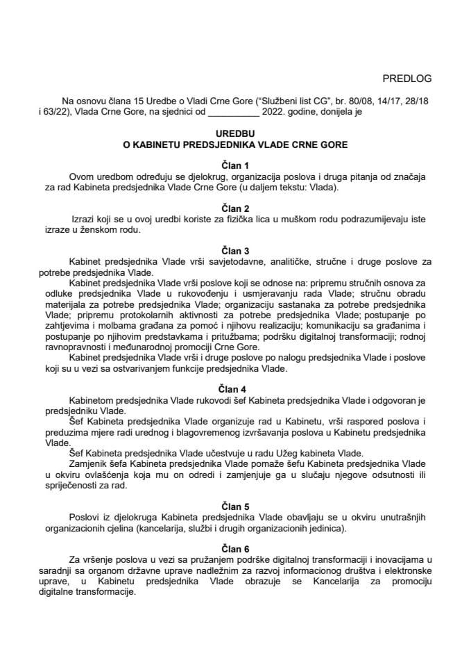 Predlog uredbe o Kabinetu predsjednika Vlade Crne Gore