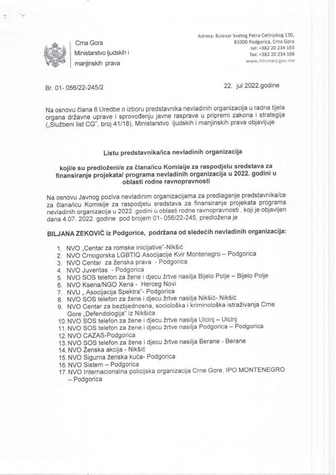 Lista predstavnika/ica NVO  koji/e su predloženi/e za Člana/icu Komisije u oblast rodne ravnopravnosti