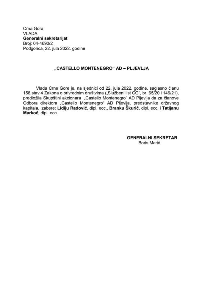 Predlog za izbor članova Odbora direktora "Castello Montenegro" AD Pljevlja